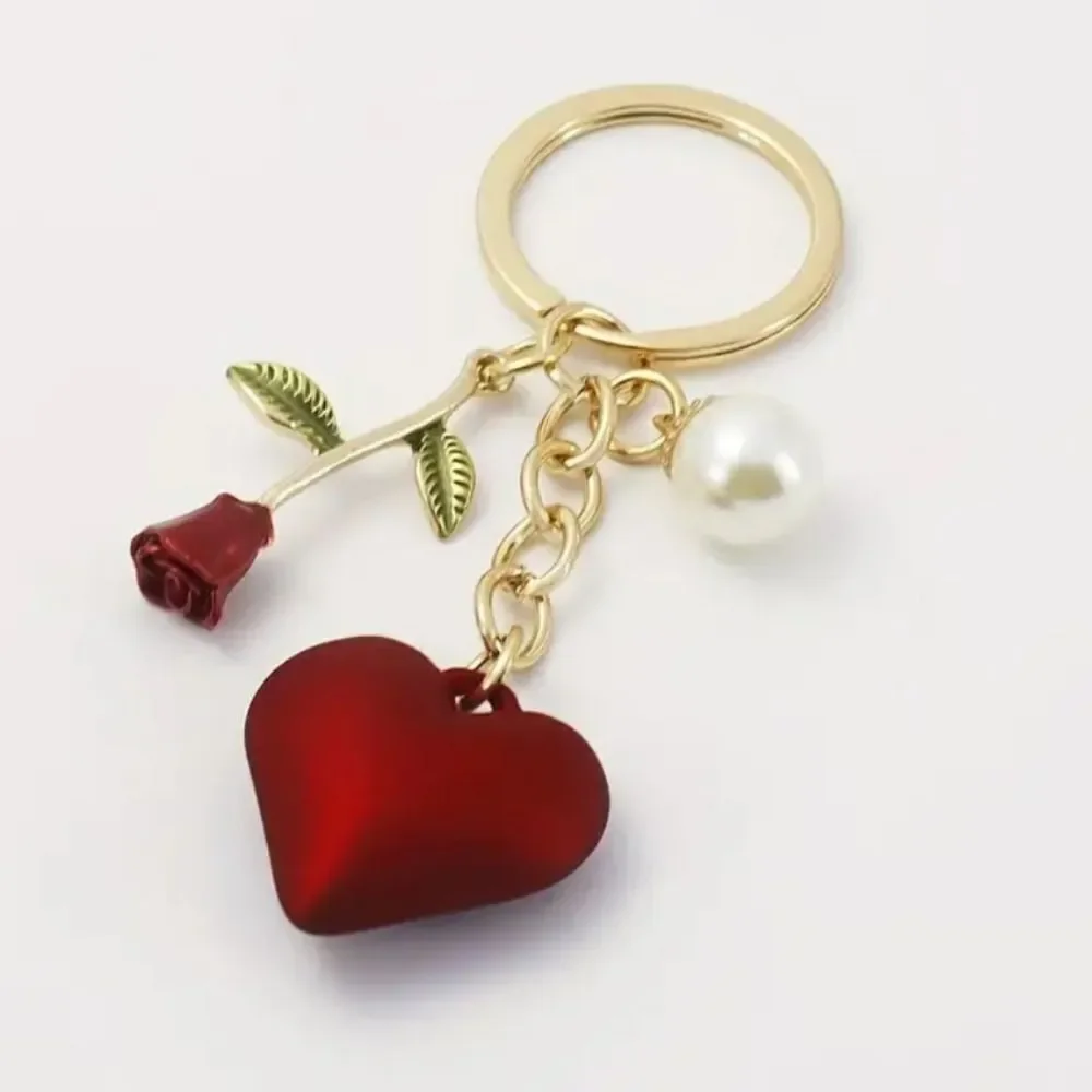Red Puffy Heart 💖 Love Red Rose Flower Charm 💮 Keychain Keyring 🗝️Key Chain